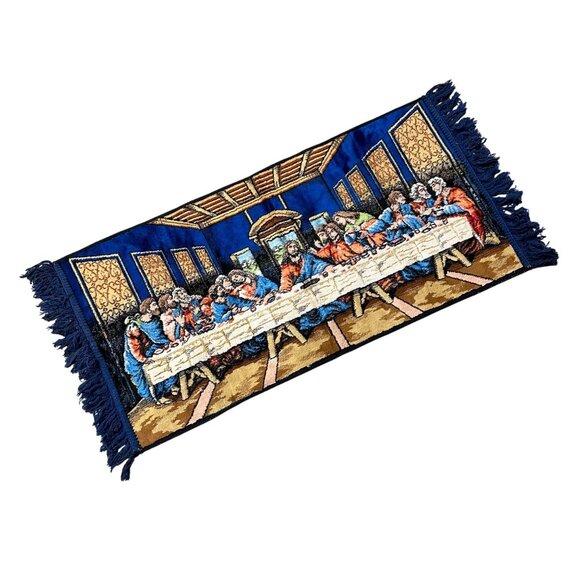 Vintage The Last Supper Tapestry Rug Wall Hanging Fringe Jesus Disciples Blue